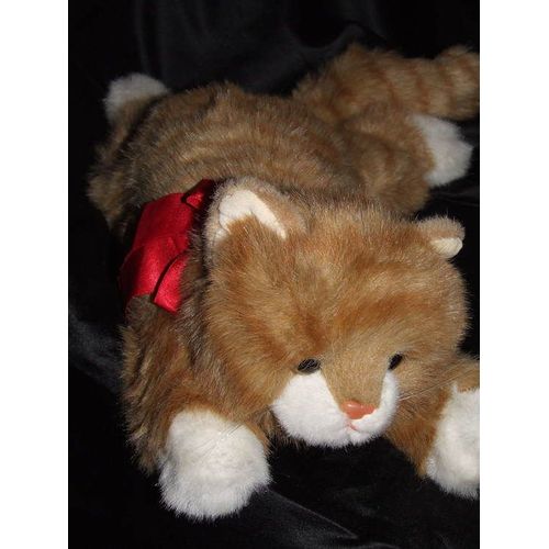 Chat Ty Doudou Peluche Allongé Couché 1987 Marron Blanc Caramel Tigré 42 Cm + Queue 22 Cm