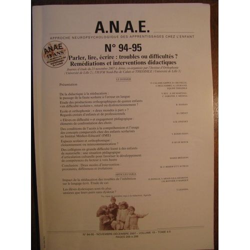 A.N.A.E.  N° 94 : Parler, Lire, Écrire : Troubles Ou Difficultés ? Remédiations Et Interventions Didactiques