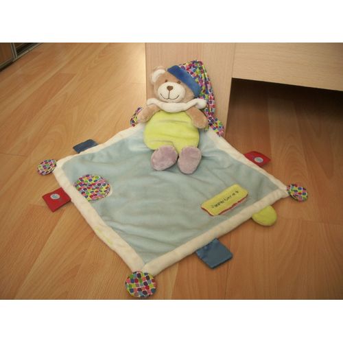 Doudou Ours Plat Grand Mouchoir/ Couverture Etiquettes Multicolor