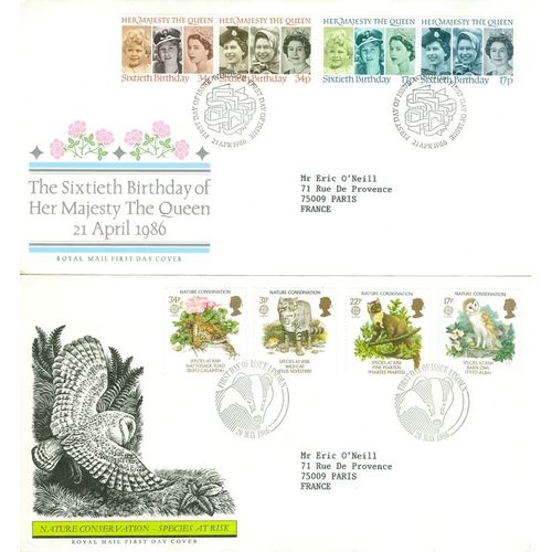 Uk - 1986 - 5 Enveloppes 1er Jour Anglaises (First Day Cover) - Noel, Raf, Avions, Royal Wedding, Prince Andrew, Sarah Ferguson, Nature, Animaux, Queen