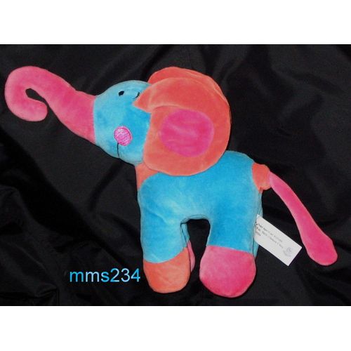 Éléphant Doudou Bleu Rouge Orange Rose Fushia Grelot Hochet Peluche Auchan Oreilles Bruit Papier