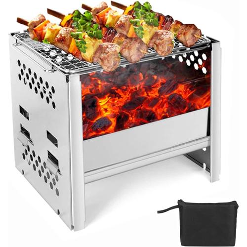 Réchaud De Camping Portable, Camping Poêle À Bois Léger Avec Grille Et Sac De Rangement, Pliable Compact Durable Pour Barbecue Randonnée Camping Pique-Nique Cuisine De Plein Air