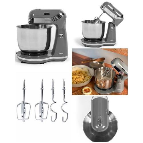 Robot Pâtissier Pétrin Gris 3L 250W Bol inox 3L 6 vitesses pour préparer vos pâtes à tartes, crêpes, pizza, pain crème