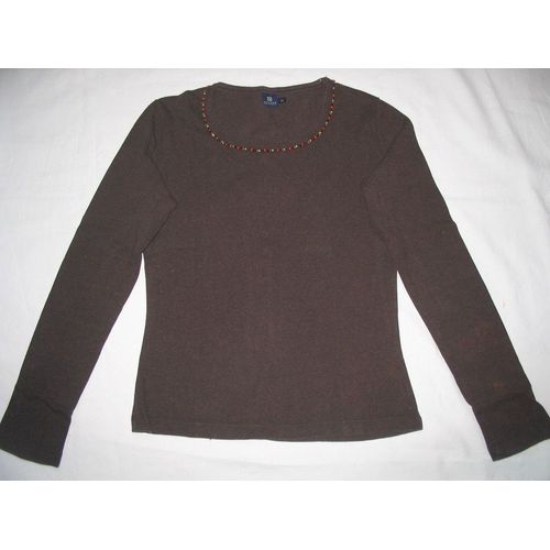T-Shirt (Col Rond) Creeks , Marron ,  Manches Longues, Petites Perles À L'encolure
