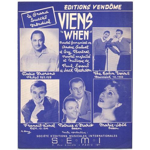 Viens "When" (André Salvet, Guy Bertret, Paul Evans, Jack Reardon) / Partition Originale 1958, Piano Et Chant, Français & Anglais