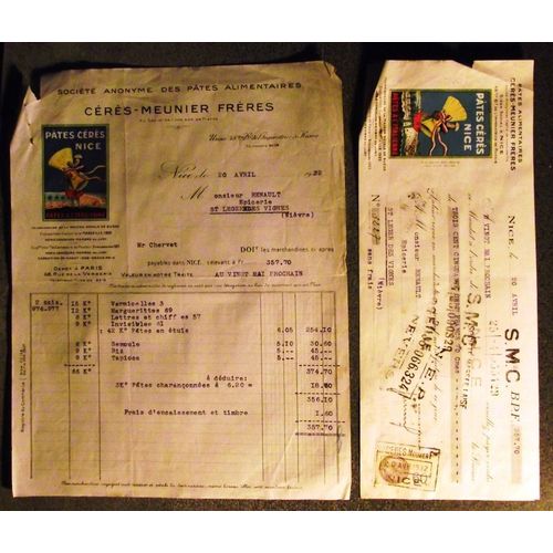 Facture Et Son Mandat À L'ordre De 1932.Société Anonyme Des Pâtes Alimentaires Cérés Meunier Frères Usine 48 Bis Bd De L'impératrice De Russie Nice