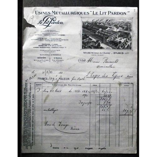 Facture De 1933.Usines Métallurgiques Le Lit Pardon.M.M.Robert Pardon & Hubert Simonel 95 & 97,Avenue De Choisy Paris (13é)