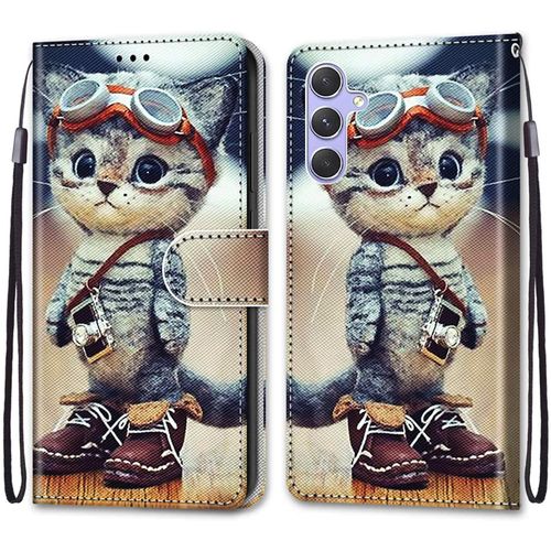 Coque Pour Samsung Galaxy A24 4g, Etui En Cuir Pu Portefeuille Housse Coque Avec 360 Degres Silicone Antichoc Protection Cover Cuir Pochette Magnetique Und Flip Bequille (Chat 1)