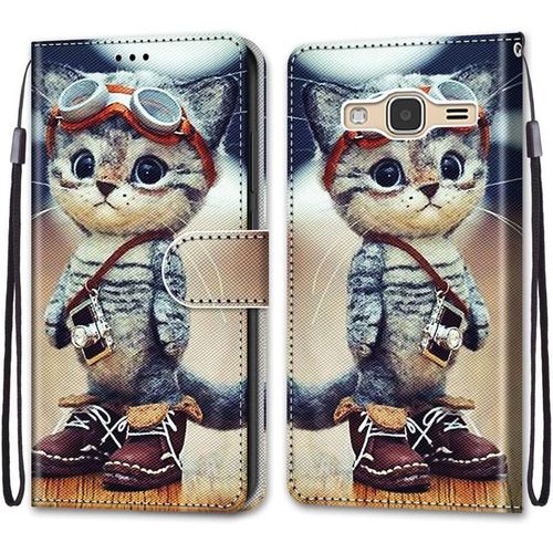 Coque Pour Samsung Galaxy J3 2016, Etui En Cuir Pu Portefeuille Housse Coque Avec 360 Degres Silicone Antichoc Protection Cover Cuir Pochette Magnetique Und Flip Bequille (Chat 1)