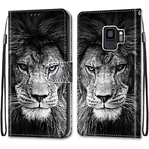 Coque Pour Samsung Galaxy S9, Etui En Cuir Pu Portefeuille Housse Coque Avec 360 Degres Silicone Antichoc Protection Cover Cuir Pochette Magnetique Und Flip Bequille (Lion)