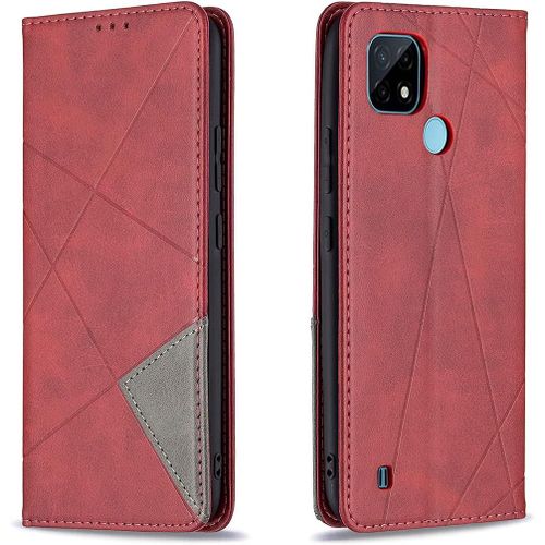 Coque Pour Oppo Realme C21 / C20, Housse Portefeuille En Cuir Etui Avec Tpu Silicone Bumper Antichoc Magnetique Flip Case, Porte Cartes Avec Fonction Support Cover Pu Pochette (Rouge)