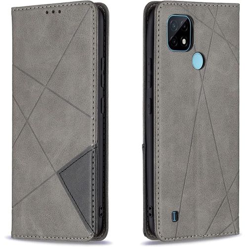 Coque Pour Oppo Realme C21 / C20, Housse Portefeuille En Cuir Etui Avec Tpu Silicone Bumper Antichoc Magnetique Flip Case, Porte Cartes Avec Fonction Support Cover Pu Pochette (Gris)