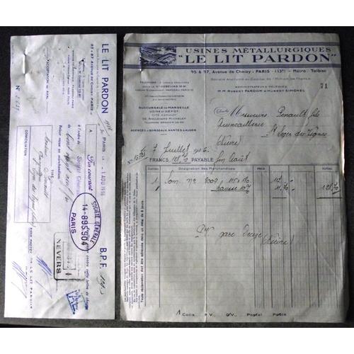 Facture Et Son Mandat À L'ordre Du 7 Juillet 1936.Usines Métallurgiques Le Lit Pardon 95 & 97,Avenue De Choisy Paris(13°)