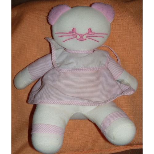 Chat Blanc Tablier Rayé Rose 28 Cm