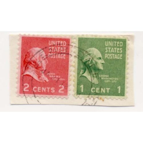 Timbre U S A, Georges Washongton 1 Cents Et John Adams 2 Cents Sur Le Même Support Postal, Oblitéré