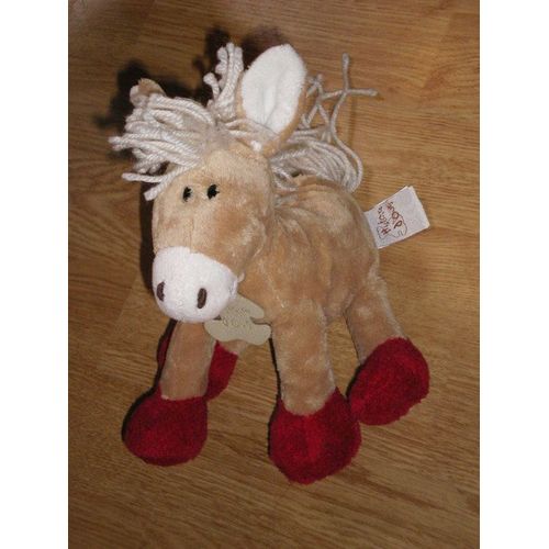 Doudou Cheval Poney Ane Histoire D'ours  17 Cm Pattes Rouge Crinière Laine Ton Beige Caramel