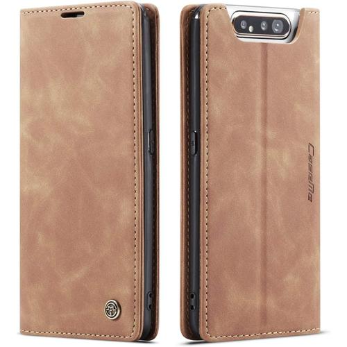 Coque Compatible Avec Samsung Galaxy A80/A90,Etui En Cuir Flip Housse Portefeuille Avec Magnetique Case Bumper Coque-Brun