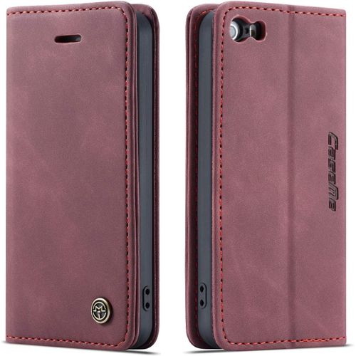 Coque Compatible Avec Iphone 5/5s/Se 2016 (4,0 Pouces),Anti-Choc Housse En Cuir Premium Flip Case Portefeuille Etui,Vin Rouge