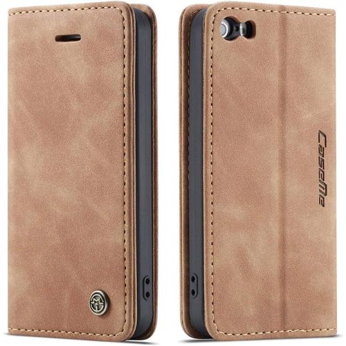 Coque Compatible Avec Iphone 5/5s/Se 2016 (4,0 Pouces),Anti-Choc Housse En Cuir Premium Flip Case Portefeuille Etui,Marron