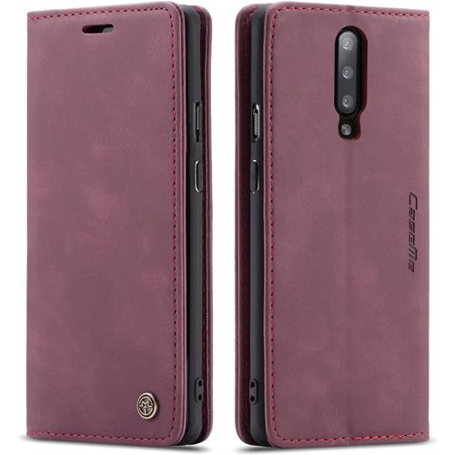 Coque Compatible Avec Oneplus 7 Pro,Anti-Choc Housse En Cuir Premium Flip Case Portefeuille Etui,Vin Rouge