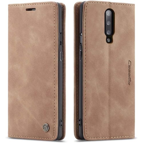 Coque Compatible Avec Oneplus 7 Pro,Anti-Choc Housse En Cuir Premium Flip Case Portefeuille Etui,Marron