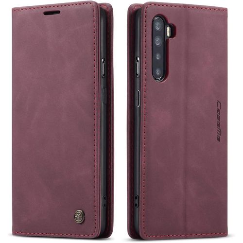 Coque Compatible Avec Oneplus Nord,Anti-Choc Housse En Cuir Premium Flip Case Portefeuille Etui,Vin Rouge