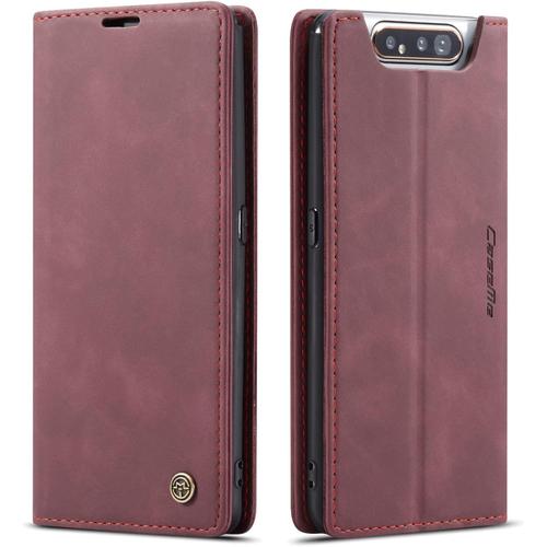 Coque Compatible Avec Samsung Galaxy A80/A90,Anti-Choc Housse En Cuir Premium Flip Case Portefeuille Etui,Vin Rouge