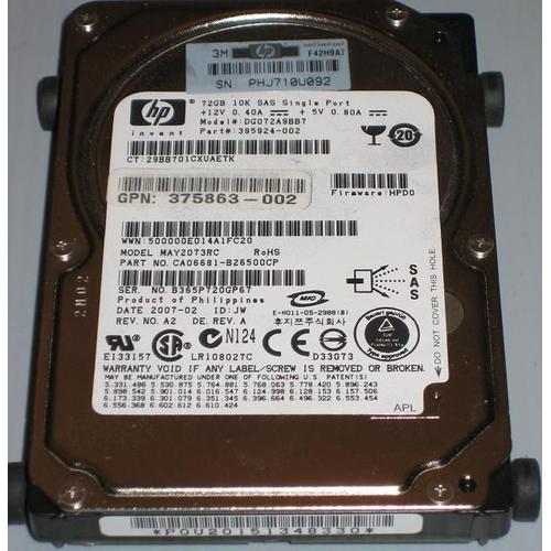 HP 375863-002 - Disque dur 72 Go 2.5" 10K SAS RPM Single Port  395924-002 - Modele: DG072A9BB7