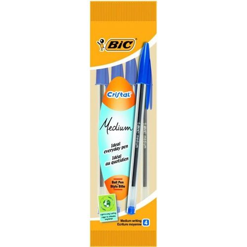 Stylo Bille Bic Cristal Pointe Moyenne Bleu - Pochette De 4 Stylos Bille