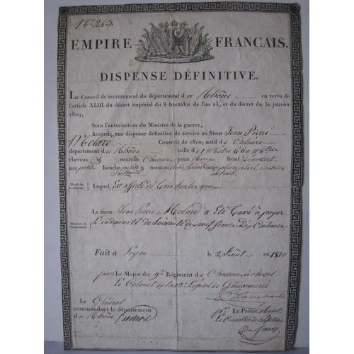 Dispense Militaire Du Premier Empire De 1810