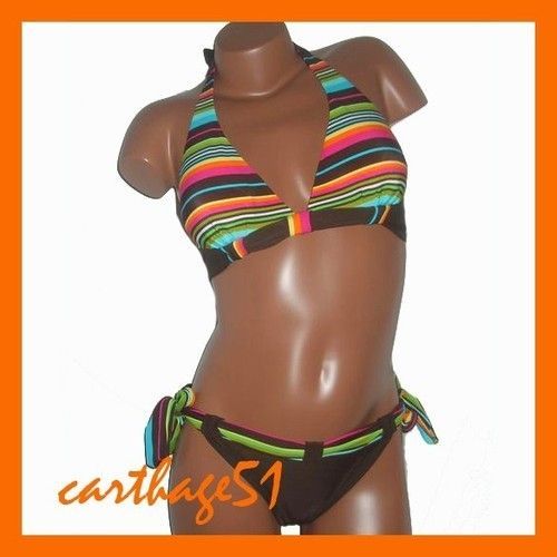 Maillot De Bain Femme Bikini Triangle Deux 2 Pièces Rayé Rayures Multicolores - S 36  M 38  L 40  Xl 42  - Maillots De Bain