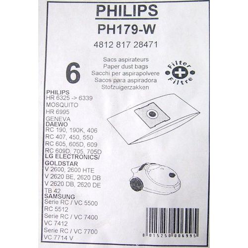 Wpro ph179w - 6 sacs aspirateur philips hr 6325...6339,mosquito,geneva - daewoo rc - lg electronics goldstar -  samsung rc / vc