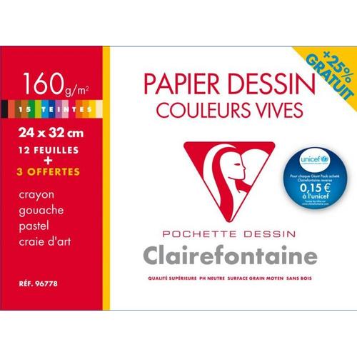 Papier Clairefontaine Couleurs Vives - Pochette Dessin - 12 Feuilles + 3 Gratuites 24x32 160g