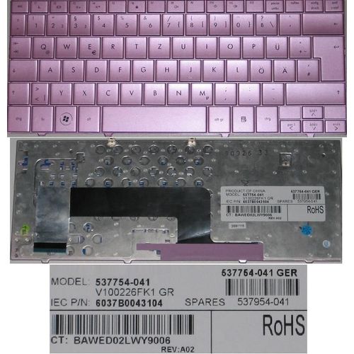 Clavier Qwertz Allemand / German Pour HP COMPAQ MINI 110 Mini110 Series, Rose / Pink, Model: V100226FK1, P/N: 537754-041, 537954-041