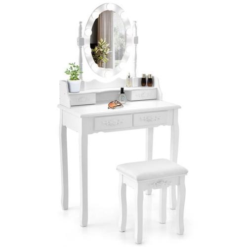 Costway Coiffeuse Table De Maquillage Avec Tabouret - Miroir Ovale Rotatif À 360°, Ampoule Réglable En 3 Couleurs, 4 Tiroirs - Blanc