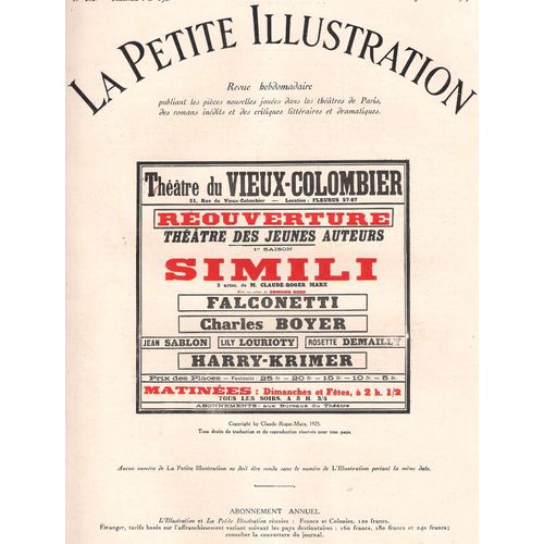 La Petite Illustration Théâtrale N° 150 : Simili, Pièce De Claude-Roger Marx