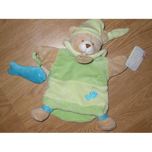 Doudou Ours Bear Bar Orso Théodore Marionnette Vert Avec Poisson & Cie