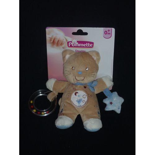 Doudou Peluche Eveil Chat Beige Oiseau Anneau Etoile Pommette