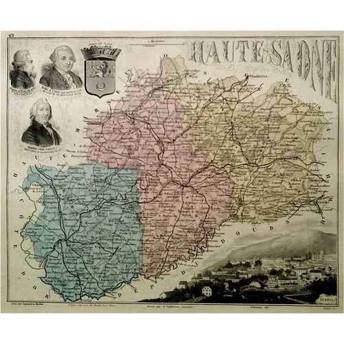 Rare Ancienne Belle Carte Gravée Du Departement De La Haute Saone - Arrondissements De Vesoul Gray Lure - 1886