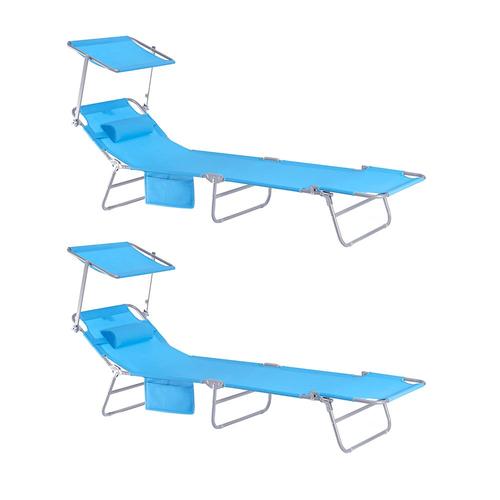 Sobuy Ogs48-Bx2 Lot De 2 Bains De Soleil Chaises Longue Transats De Jardin Pliable Position Réglable Avec Parasol Pare Soleil - Bleu