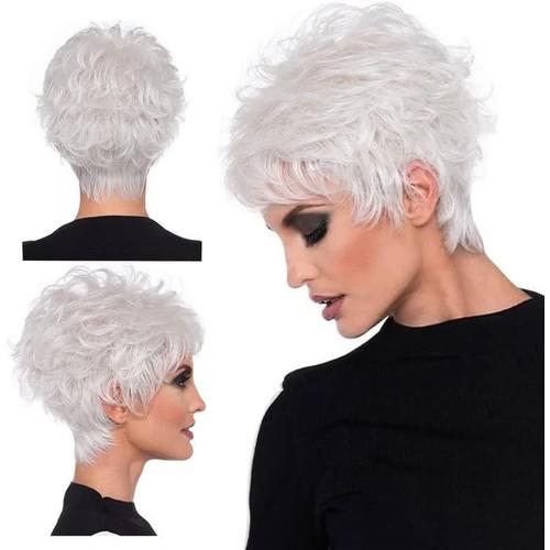 Perruque Argent¿¿E Coupe Lutin, Frange Inclin¿¿E, Cheveux Courts Boucl¿¿S, Perruque Blanche Moelleuse, Cheveux Naturels Pour Femmes Dage Moyen Et ?G¿¿Es Pour Un Usage Quotidien 