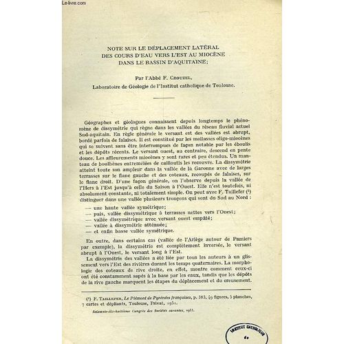 Note Sur Le Deplacement Lateral Des Cours D'eau Vers L'est Au Miocene Dans Le Bassin D'aquitaine