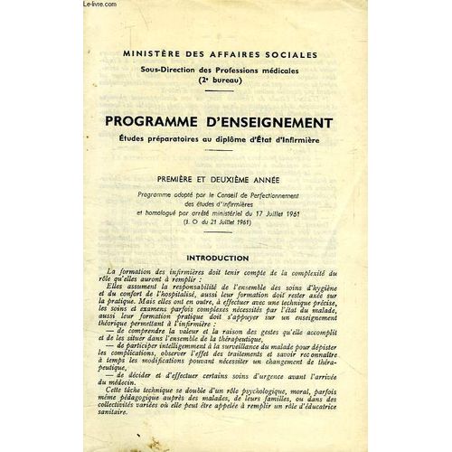 Programme D'enseignement, Etudes Preparatoires Au Diplome D'etat D'infirmiere