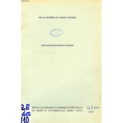 De La Matiere Du Droit Naturel