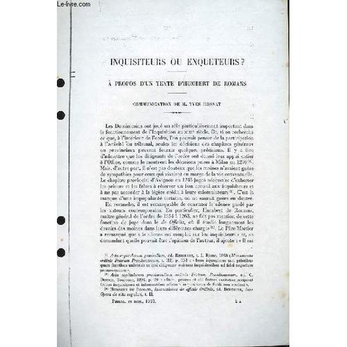 Inquisiteurs Ou Enquêteurs ? A Propos D'un Texte D'humbert De Romans (Ouvrage Photocopié)