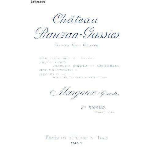 Château Rauzan-Gassies. Margaux (Gironde). Exposition D'hygiène De Tunis 1911