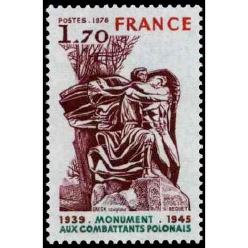 Timbre N°2021 Y&t 1,70f Rouge, Vert, Carmin-Brun Monument Aux Combattants Polonais Sculpture Du Jardin Du Trocadéro