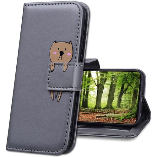Xiaomi Redmi Note 10 Coque En Cuir,Mignon Cartoon Animal Etui Portefeuille Housse,Etui A Rabat Fonction Stand Etui Coque Pour Xiaomi Redmi Note 10 4g / Note 10s. Hm Gray Bear