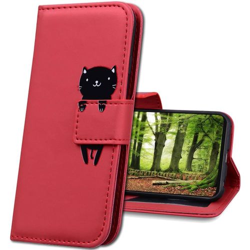 Xiaomi Redmi Note 10 Coque En Cuir,Mignon Cartoon Animal Etui Portefeuille Housse,Etui A Rabat Fonction Stand Etui Coque Pour Xiaomi Redmi Note 10 4g / Note 10s. Hm Red Cat