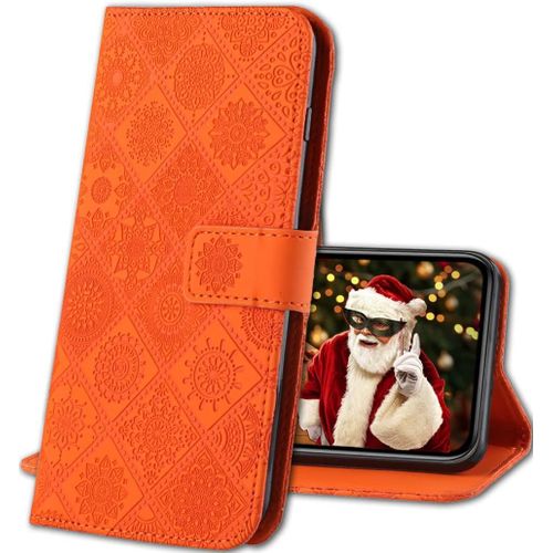 Coque Apple Iphone 13,Antichoc Housse Pu Leather Gaufrage Flip Case Portefeuille Etui Rabat Bequille Fentes Pour Cartes Magnetique Coque Pour Apple Iphone 13. Cy3 Orange